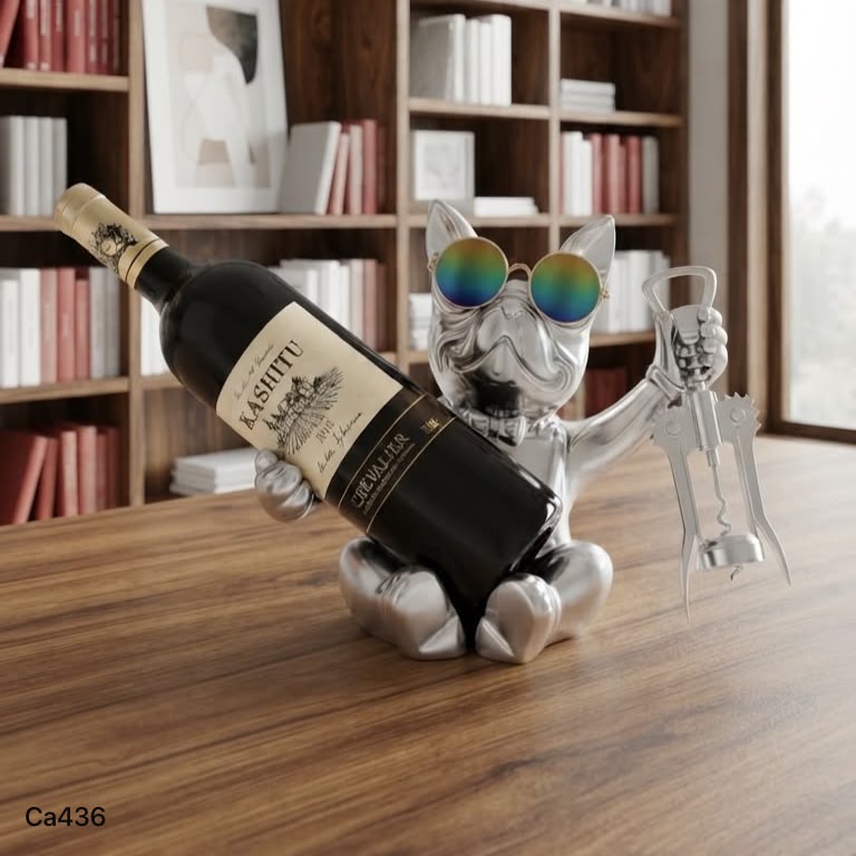 Articulo decorativo porta vino perro plateado sentado 25cm* 18cm* 21cm